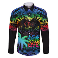 Fiji LGBT Family Matching Off Shoulder Short Dress and Hawaiian Shirt Love Is Love Tapa Pattern Rainbow Water Color LT9 Dad's Shirt - Long Sleeve Black - Polynesian Pride