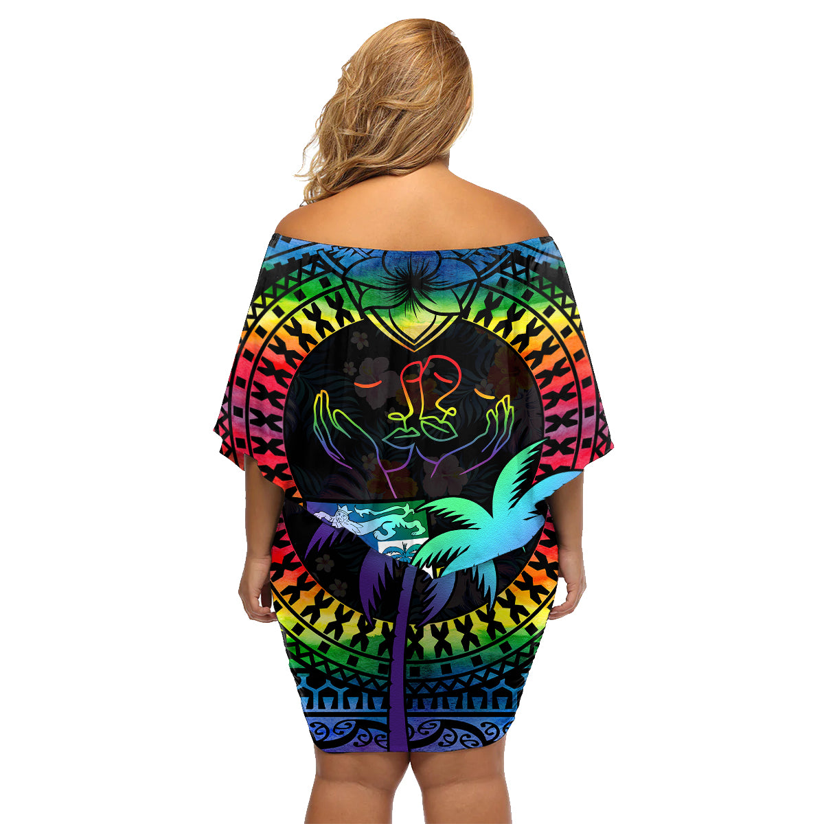 Fiji LGBT Family Matching Off Shoulder Short Dress and Hawaiian Shirt Love Is Love Tapa Pattern Rainbow Water Color LT9 - Polynesian Pride