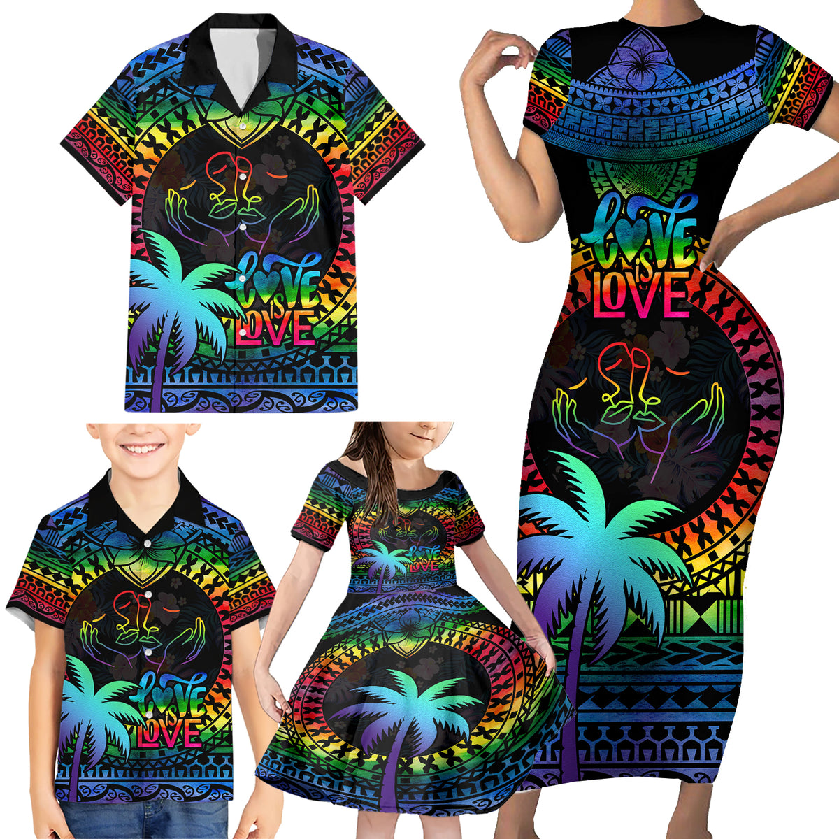Fiji LGBT Family Matching Short Sleeve Bodycon Dress and Hawaiian Shirt Love Is Love Tapa Pattern Rainbow Water Color LT9 - Polynesian Pride