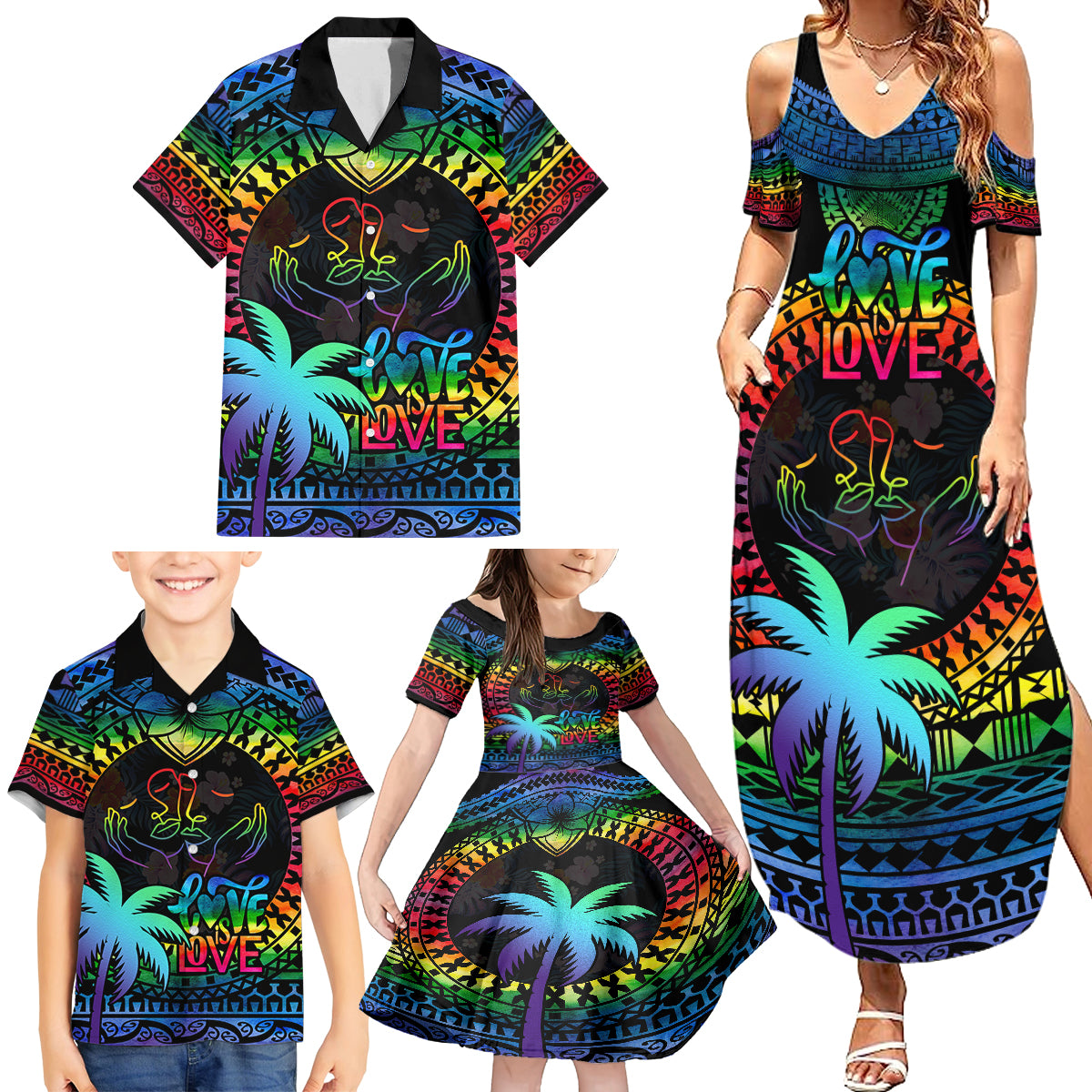 Fiji LGBT Family Matching Summer Maxi Dress and Hawaiian Shirt Love Is Love Tapa Pattern Rainbow Water Color LT9 - Polynesian Pride