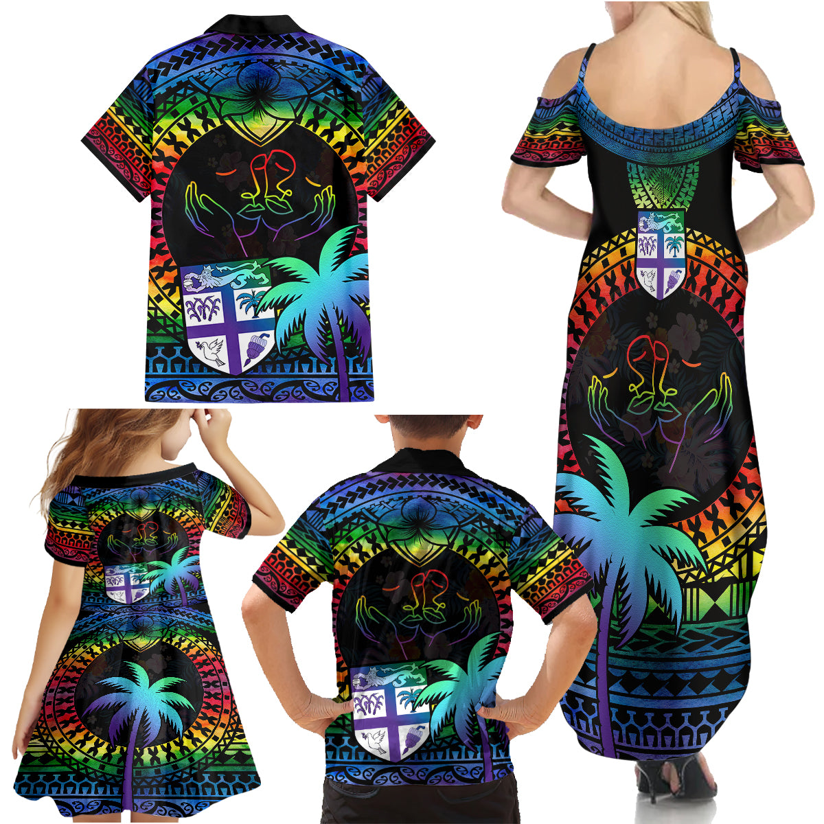 Fiji LGBT Family Matching Summer Maxi Dress and Hawaiian Shirt Love Is Love Tapa Pattern Rainbow Water Color LT9 - Polynesian Pride