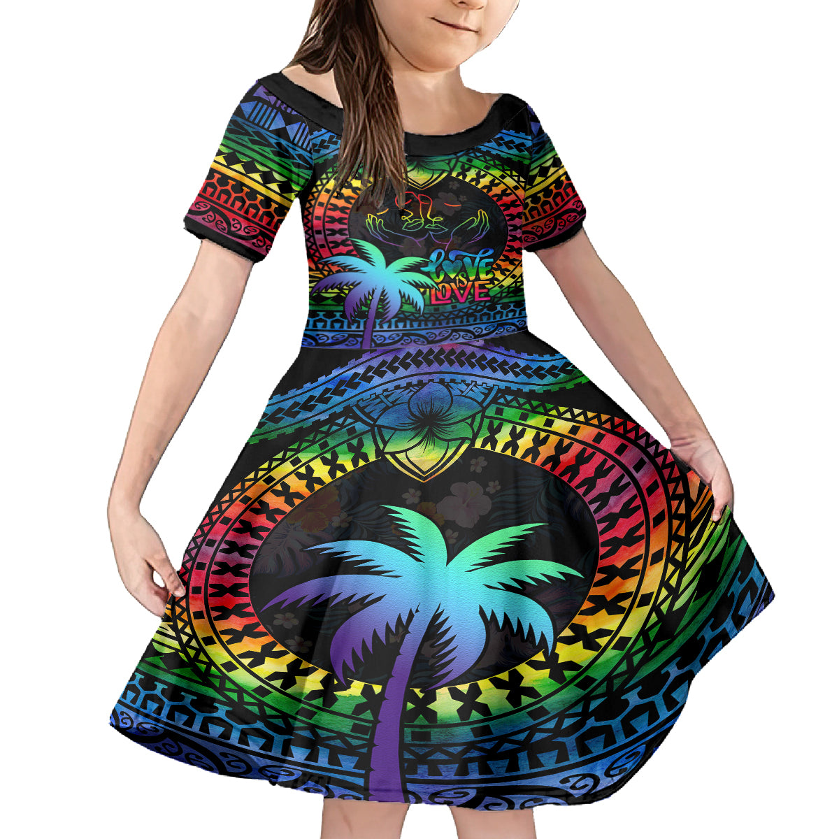 Fiji LGBT Family Matching Tank Maxi Dress and Hawaiian Shirt Love Is Love Tapa Pattern Rainbow Water Color LT9 Daughter's Dress Black - Polynesian Pride