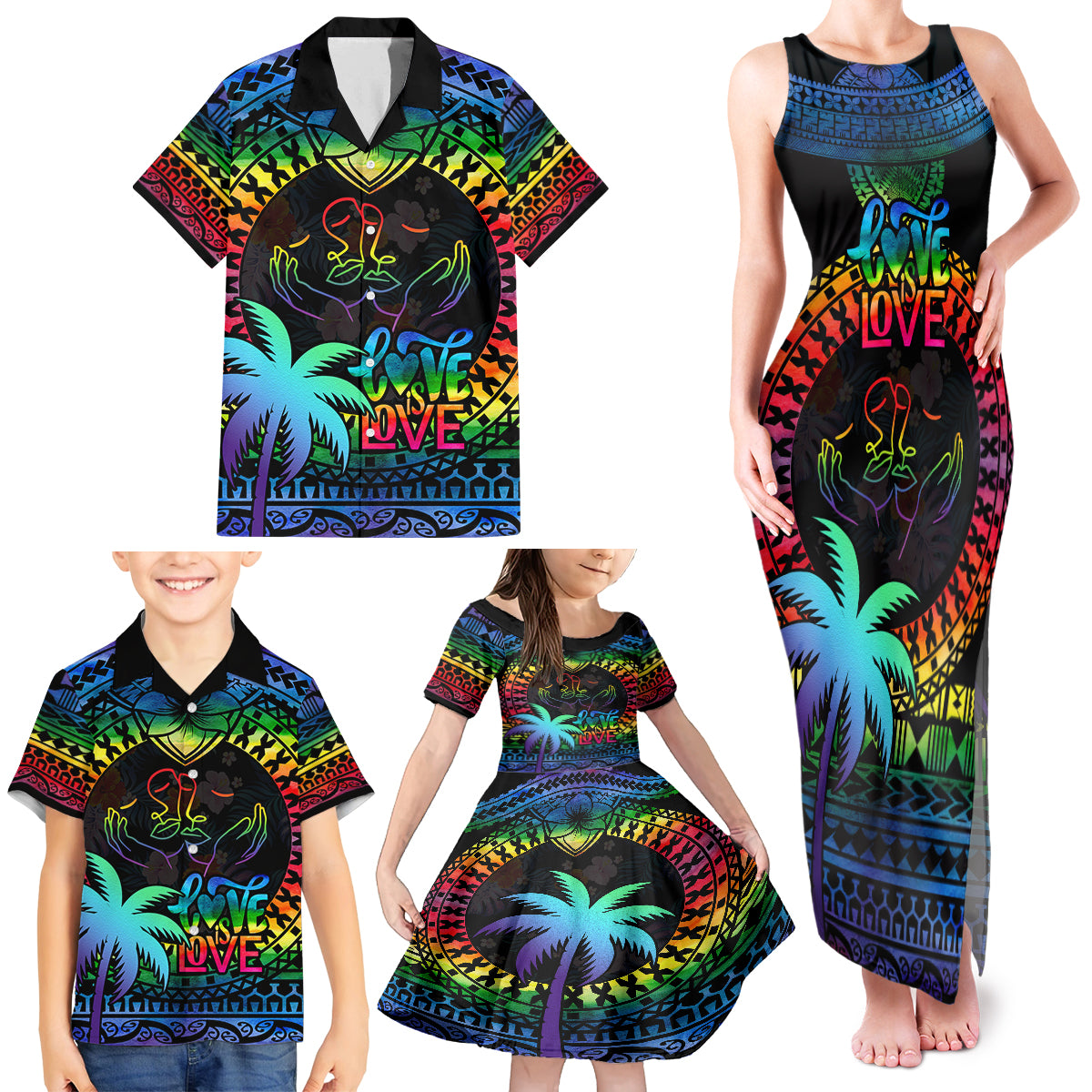 Fiji LGBT Family Matching Tank Maxi Dress and Hawaiian Shirt Love Is Love Tapa Pattern Rainbow Water Color LT9 - Polynesian Pride