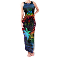 Fiji LGBT Family Matching Tank Maxi Dress and Hawaiian Shirt Love Is Love Tapa Pattern Rainbow Water Color LT9 Mom's Dress Black - Polynesian Pride