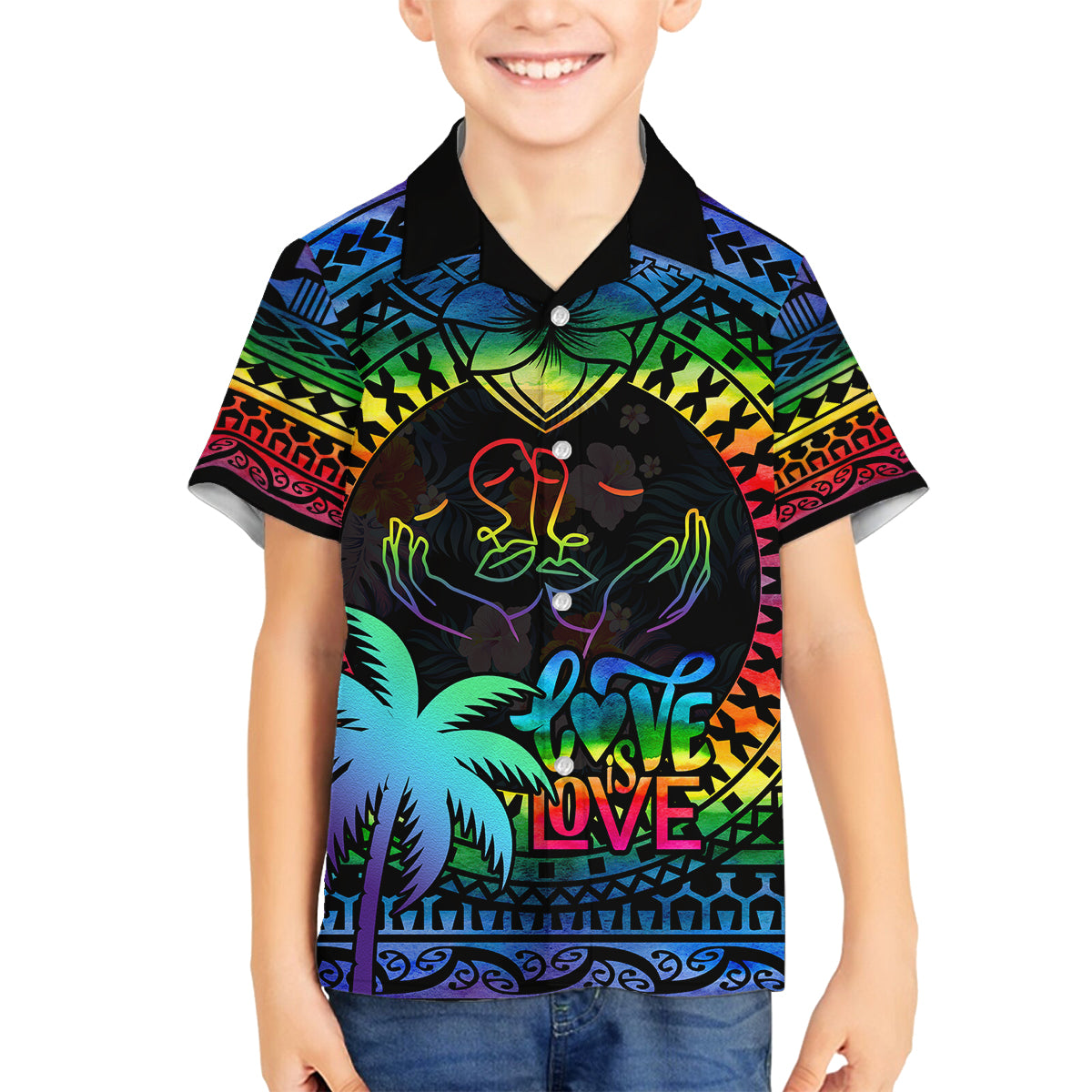 Fiji LGBT Family Matching Tank Maxi Dress and Hawaiian Shirt Love Is Love Tapa Pattern Rainbow Water Color LT9 Son's Shirt Black - Polynesian Pride