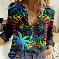 Fiji LGBT Women Casual Shirt Love Is Love Tapa Pattern Rainbow Water Color LT9 Female Black - Polynesian Pride