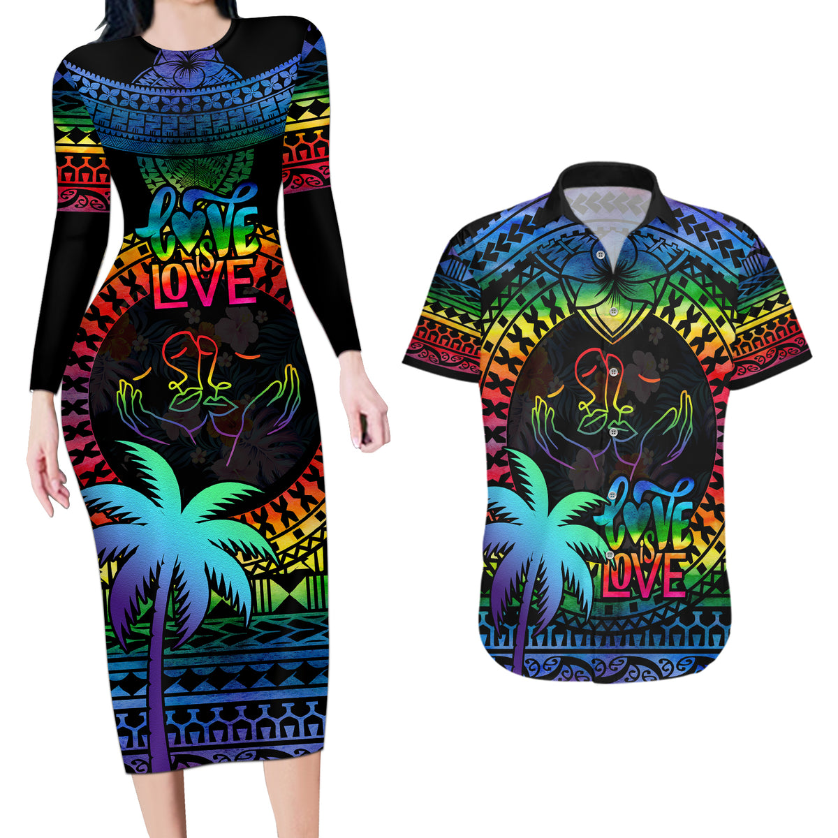 Personalised Fiji LGBT Couples Matching Long Sleeve Bodycon Dress and Hawaiian Shirt Love Is Love Tapa Pattern Rainbow Water Color LT9 Black - Polynesian Pride