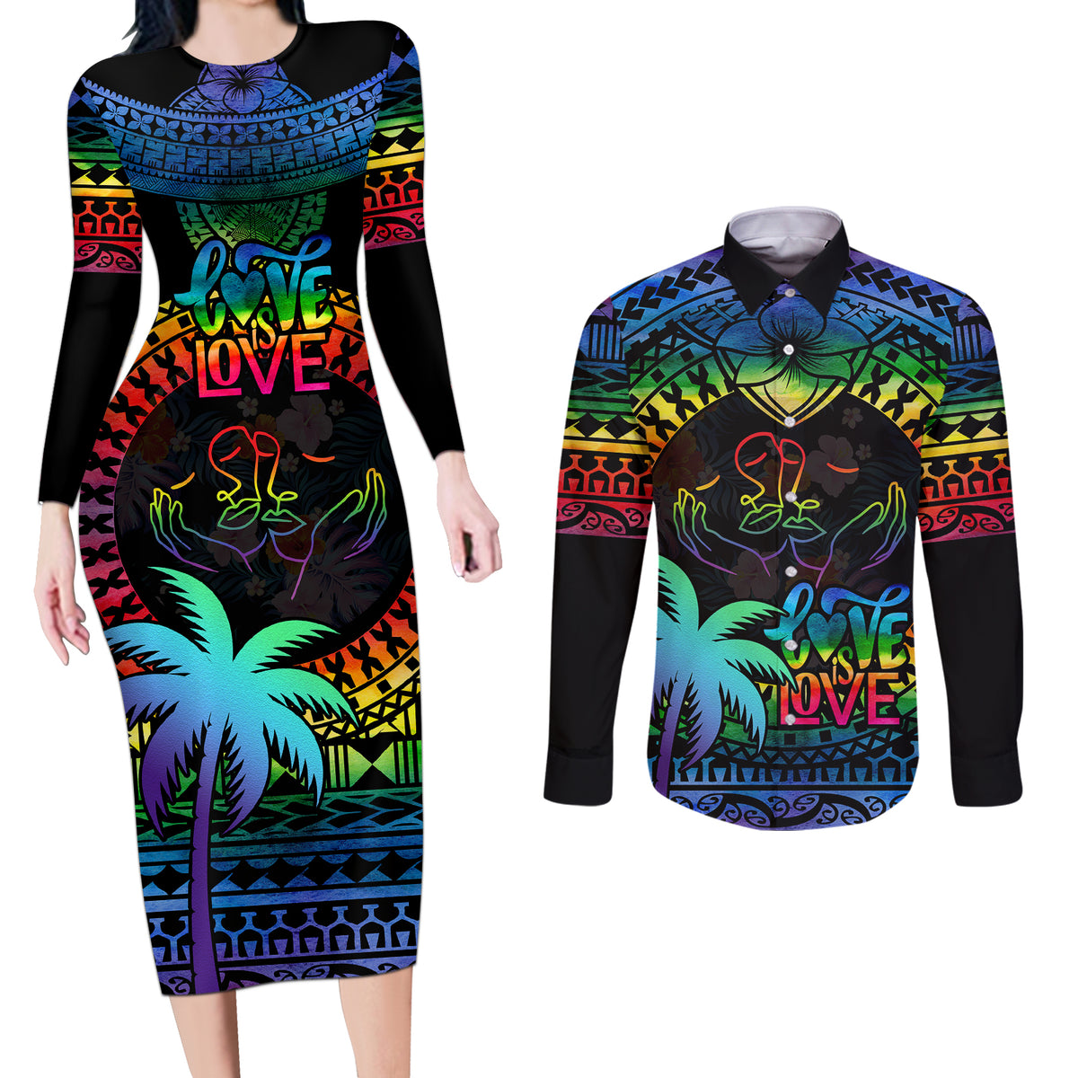 Personalised Fiji LGBT Couples Matching Long Sleeve Bodycon Dress and Long Sleeve Button Shirts Love Is Love Tapa Pattern Rainbow Water Color LT9 Black - Polynesian Pride