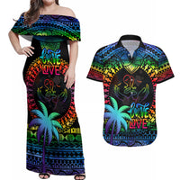 Personalised Fiji LGBT Couples Matching Off Shoulder Maxi Dress and Hawaiian Shirt Love Is Love Tapa Pattern Rainbow Water Color LT9 Black - Polynesian Pride