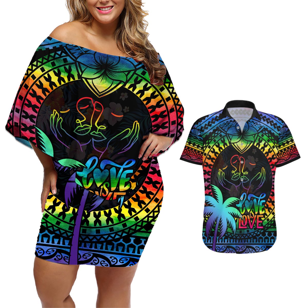 Personalised Fiji LGBT Couples Matching Off Shoulder Short Dress and Hawaiian Shirt Love Is Love Tapa Pattern Rainbow Water Color LT9 Black - Polynesian Pride