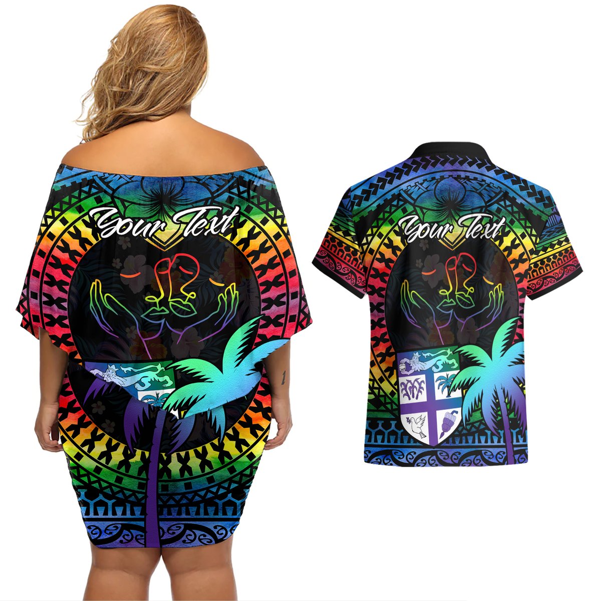 Personalised Fiji LGBT Couples Matching Off Shoulder Short Dress and Hawaiian Shirt Love Is Love Tapa Pattern Rainbow Water Color LT9 - Polynesian Pride