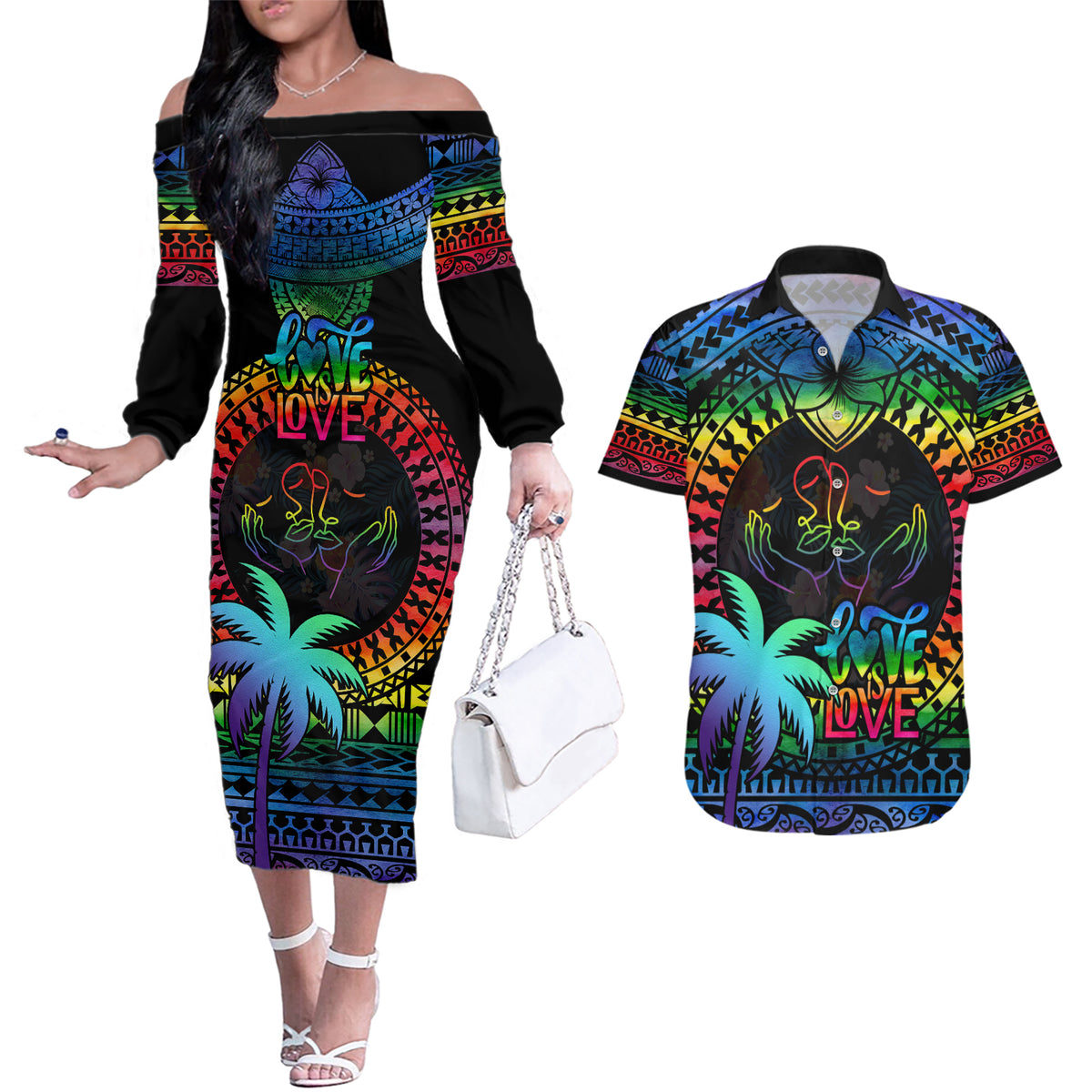 Personalised Fiji LGBT Couples Matching Off The Shoulder Long Sleeve Dress and Hawaiian Shirt Love Is Love Tapa Pattern Rainbow Water Color LT9 Black - Polynesian Pride