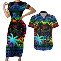 Personalised Fiji LGBT Couples Matching Short Sleeve Bodycon Dress and Hawaiian Shirt Love Is Love Tapa Pattern Rainbow Water Color LT9 Black - Polynesian Pride
