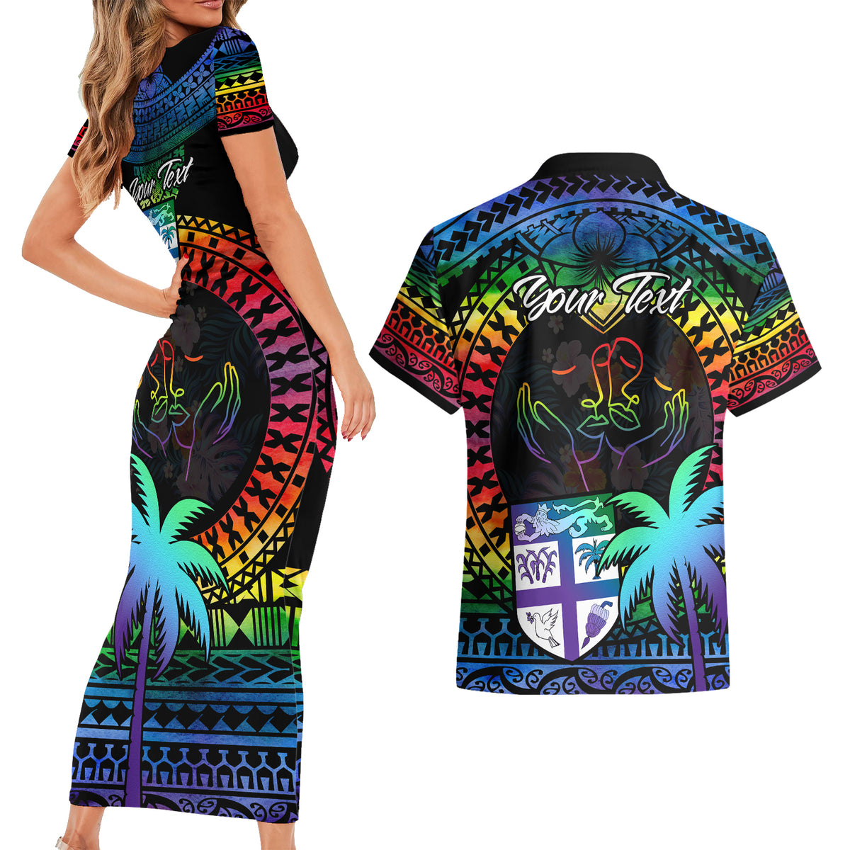 Personalised Fiji LGBT Couples Matching Short Sleeve Bodycon Dress and Hawaiian Shirt Love Is Love Tapa Pattern Rainbow Water Color LT9 - Polynesian Pride