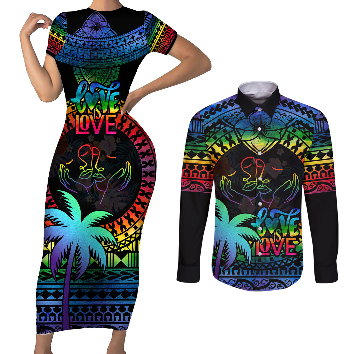 Personalised Fiji LGBT Couples Matching Short Sleeve Bodycon Dress and Long Sleeve Button Shirts Love Is Love Tapa Pattern Rainbow Water Color LT9 Black - Polynesian Pride
