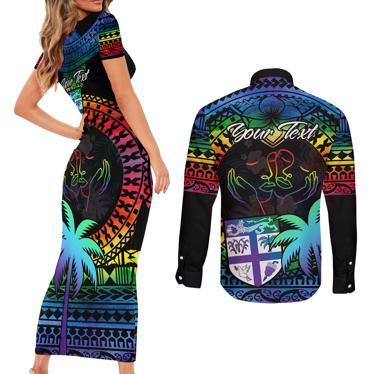 Personalised Fiji LGBT Couples Matching Short Sleeve Bodycon Dress and Long Sleeve Button Shirts Love Is Love Tapa Pattern Rainbow Water Color LT9 - Polynesian Pride