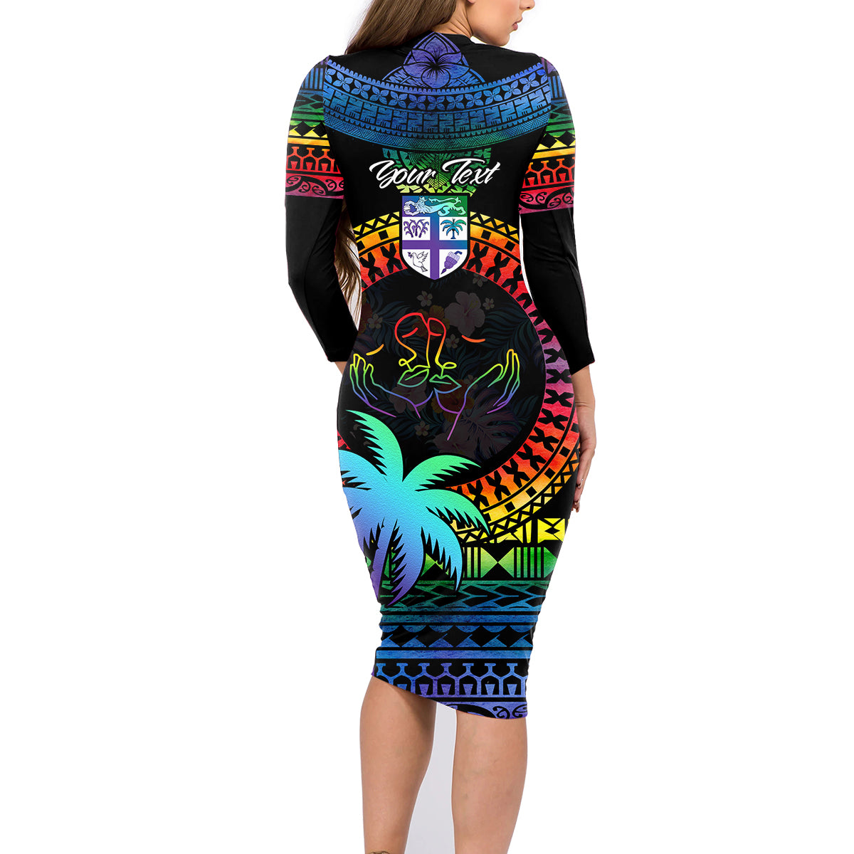 Personalised Fiji LGBT Family Matching Long Sleeve Bodycon Dress and Hawaiian Shirt Love Is Love Tapa Pattern Rainbow Water Color LT9 - Polynesian Pride
