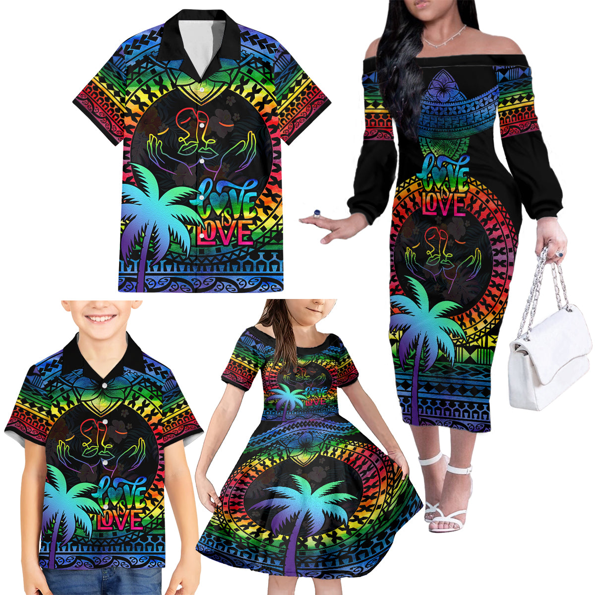 Personalised Fiji LGBT Family Matching Off Shoulder Long Sleeve Dress and Hawaiian Shirt Love Is Love Tapa Pattern Rainbow Water Color LT9 - Polynesian Pride
