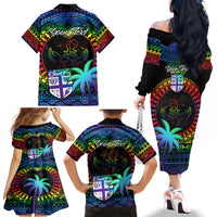 Personalised Fiji LGBT Family Matching Off Shoulder Long Sleeve Dress and Hawaiian Shirt Love Is Love Tapa Pattern Rainbow Water Color LT9 - Polynesian Pride