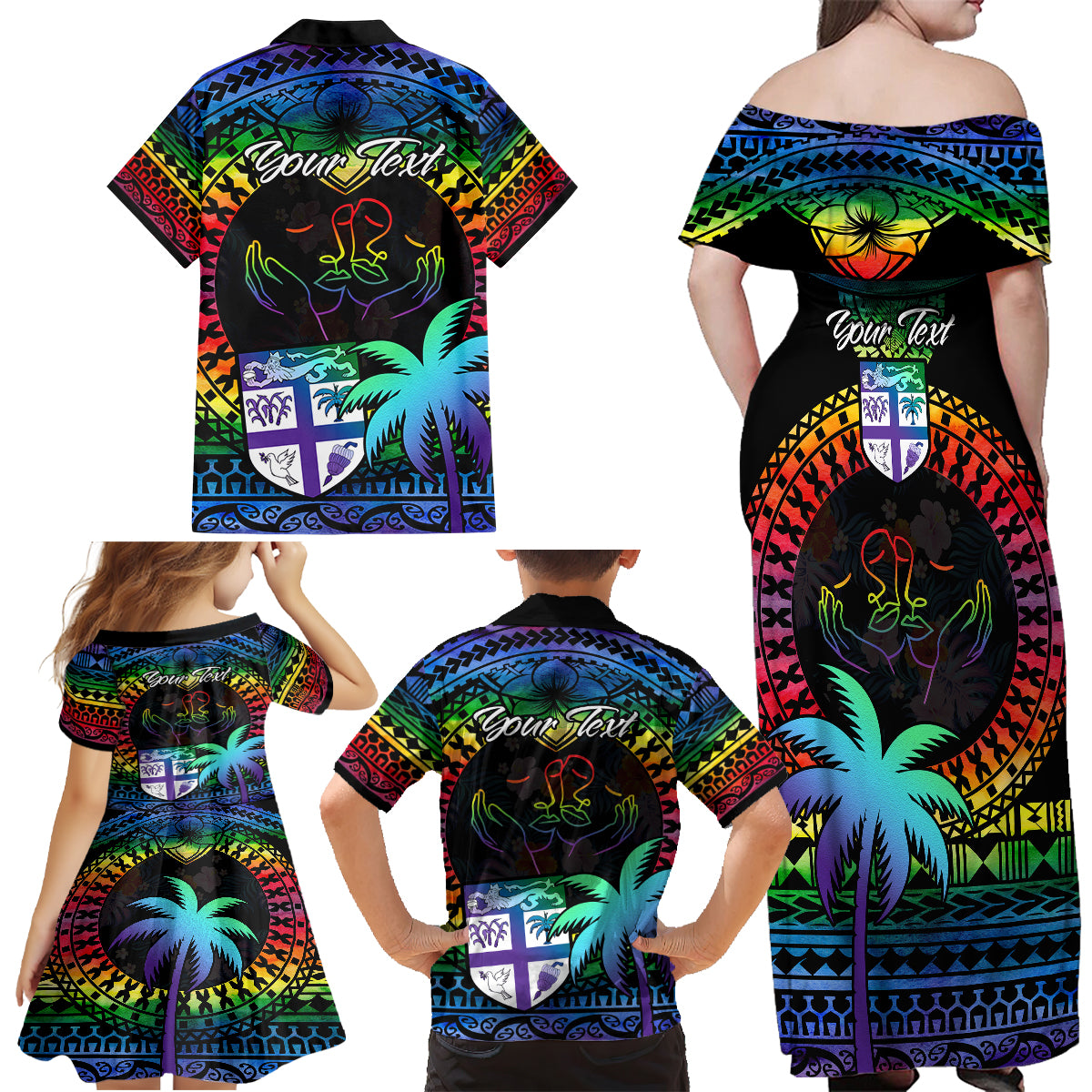 Personalised Fiji LGBT Family Matching Off Shoulder Maxi Dress and Hawaiian Shirt Love Is Love Tapa Pattern Rainbow Water Color LT9 - Polynesian Pride
