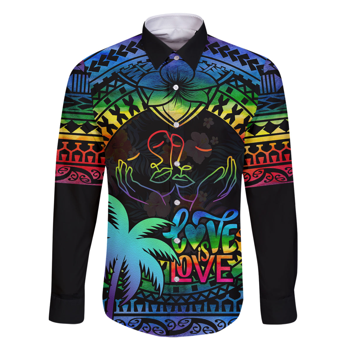 Personalised Fiji LGBT Family Matching Off Shoulder Maxi Dress and Hawaiian Shirt Love Is Love Tapa Pattern Rainbow Water Color LT9 Dad's Shirt - Long Sleeve Black - Polynesian Pride