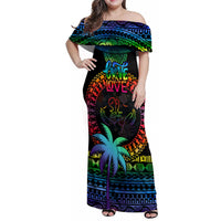 Personalised Fiji LGBT Family Matching Off Shoulder Maxi Dress and Hawaiian Shirt Love Is Love Tapa Pattern Rainbow Water Color LT9 Mom's Dress Black - Polynesian Pride