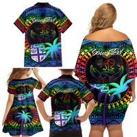 Personalised Fiji LGBT Family Matching Off Shoulder Short Dress and Hawaiian Shirt Love Is Love Tapa Pattern Rainbow Water Color LT9 - Polynesian Pride