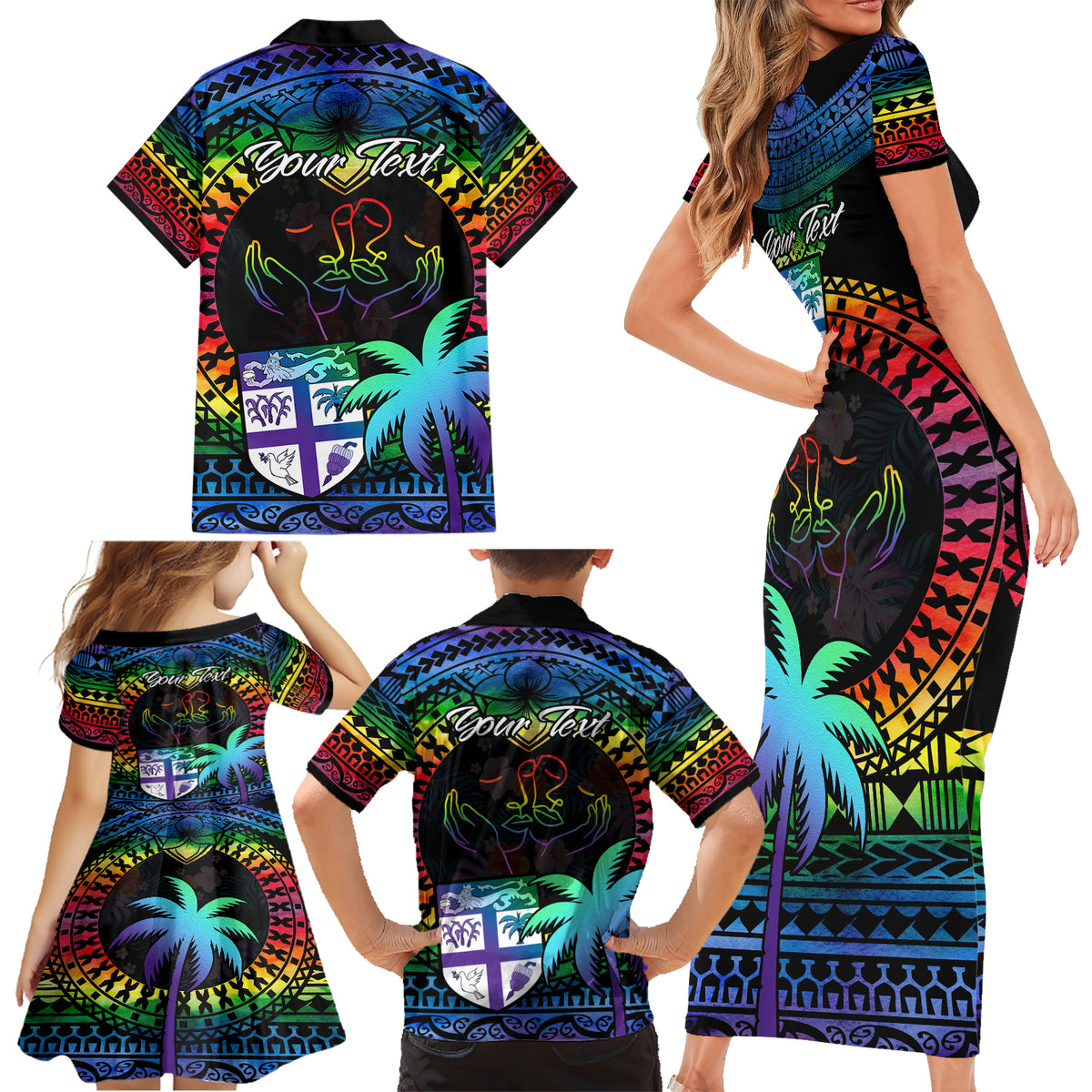 Personalised Fiji LGBT Family Matching Short Sleeve Bodycon Dress and Hawaiian Shirt Love Is Love Tapa Pattern Rainbow Water Color LT9 - Polynesian Pride