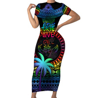 Personalised Fiji LGBT Family Matching Short Sleeve Bodycon Dress and Hawaiian Shirt Love Is Love Tapa Pattern Rainbow Water Color LT9 Mom's Dress Black - Polynesian Pride