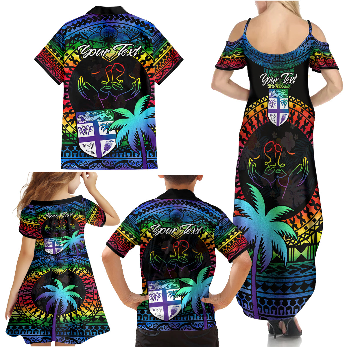Personalised Fiji LGBT Family Matching Summer Maxi Dress and Hawaiian Shirt Love Is Love Tapa Pattern Rainbow Water Color LT9 - Polynesian Pride