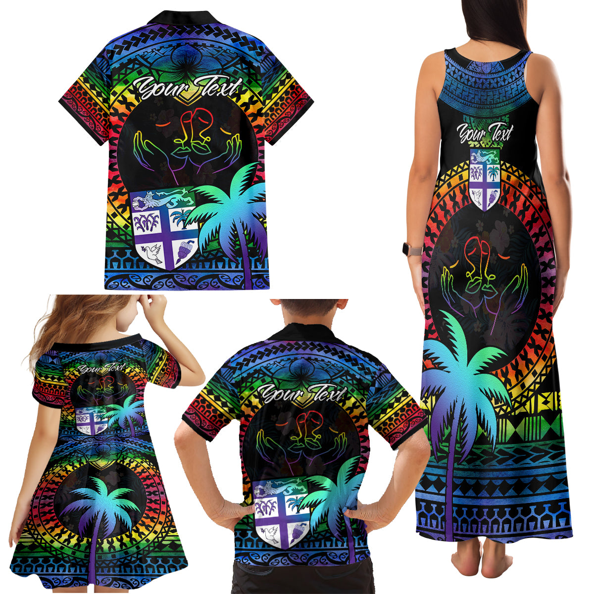 Personalised Fiji LGBT Family Matching Tank Maxi Dress and Hawaiian Shirt Love Is Love Tapa Pattern Rainbow Water Color LT9 - Polynesian Pride