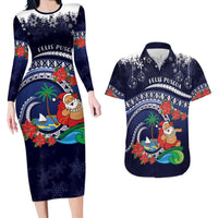 Felis Pusgua Guam Santa Couples Matching Long Sleeve Bodycon Dress and Hawaiian Shirt Merry Christmas with Polynesian Tribal LT9 Blue - Polynesian Pride