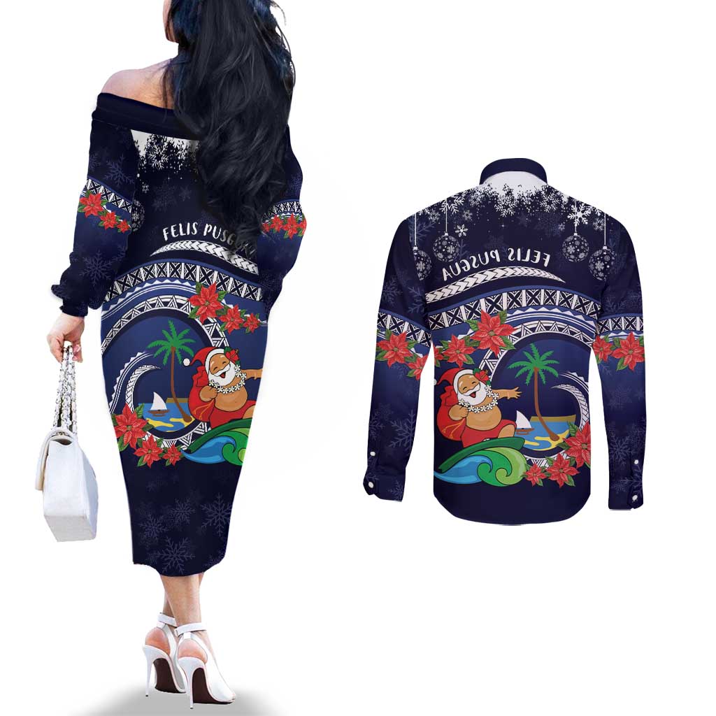 Felis Pusgua Guam Santa Couples Matching Off The Shoulder Long Sleeve Dress and Long Sleeve Button Shirt Merry Christmas with Polynesian Tribal