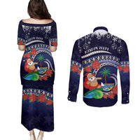 Felis Pusgua Guam Santa Couples Matching Puletasi and Long Sleeve Button Shirt Merry Christmas with Polynesian Tribal