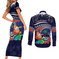 Felis Pusgua Guam Santa Couples Matching Short Sleeve Bodycon Dress and Long Sleeve Button Shirt Merry Christmas with Polynesian Tribal