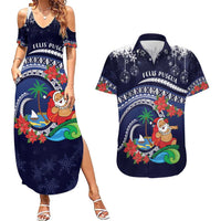 Felis Pusgua Guam Santa Couples Matching Summer Maxi Dress and Hawaiian Shirt Merry Christmas with Polynesian Tribal LT9 Blue - Polynesian Pride