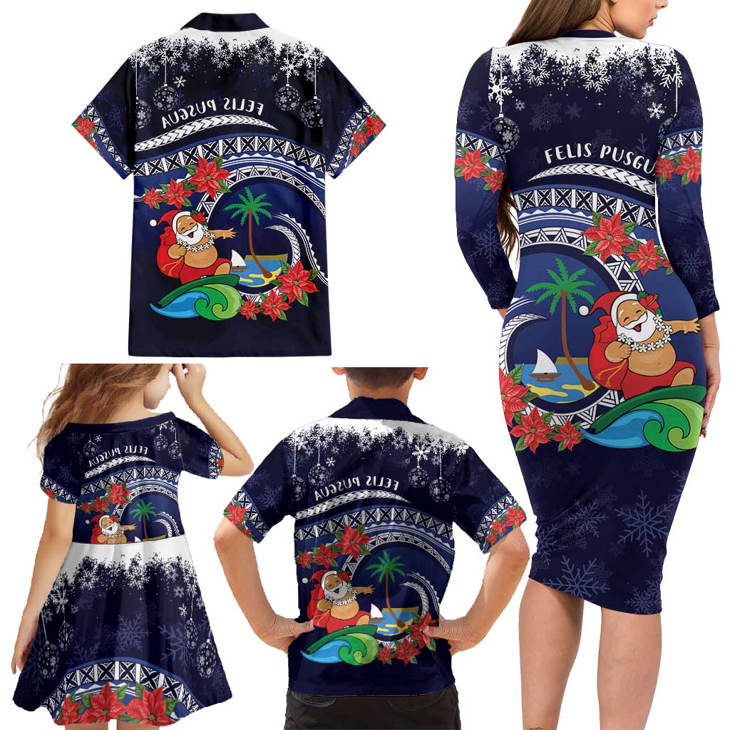 Felis Pusgua Guam Santa Family Matching Long Sleeve Bodycon Dress and Hawaiian Shirt Merry Christmas with Polynesian Tribal