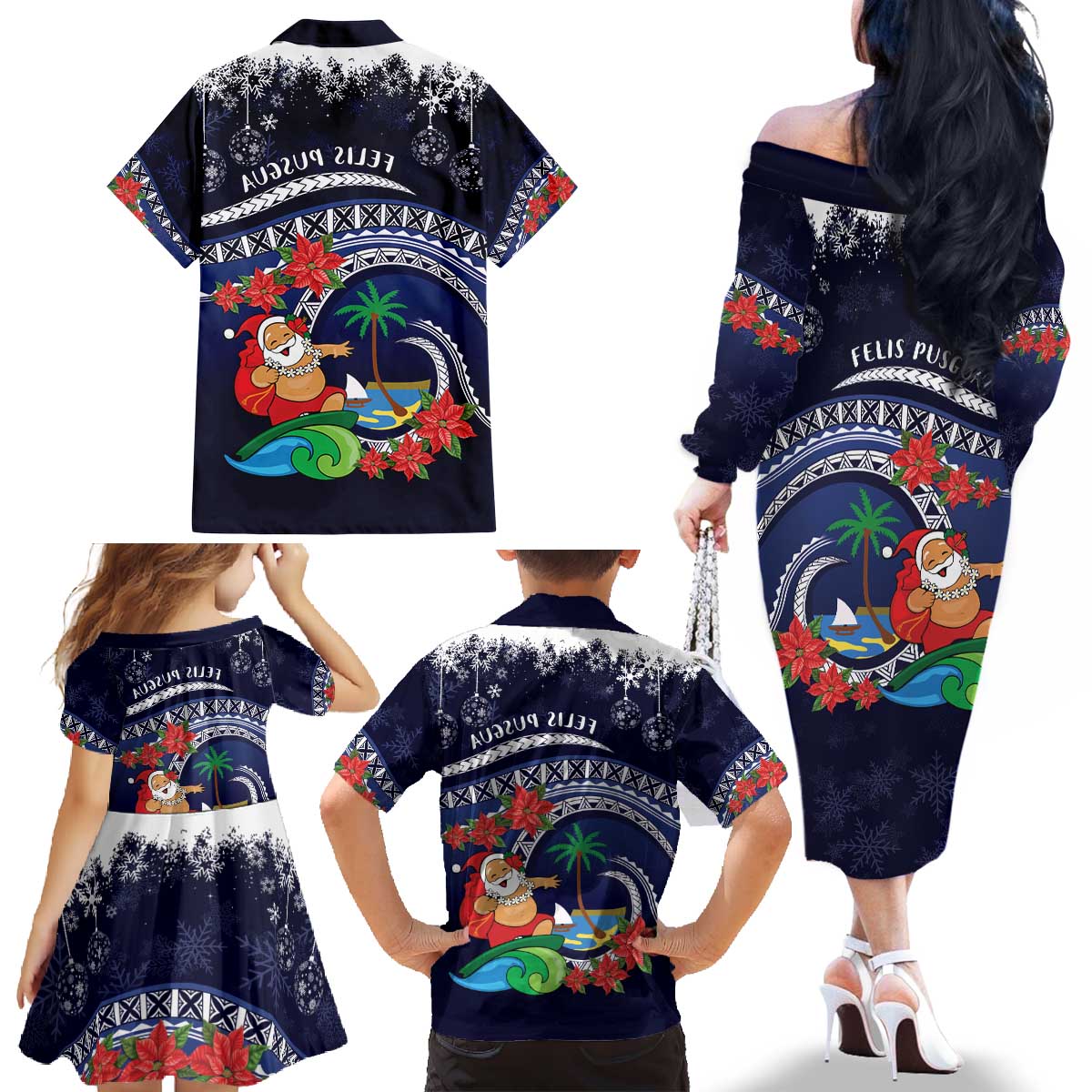 Felis Pusgua Guam Santa Family Matching Off The Shoulder Long Sleeve Dress and Hawaiian Shirt Merry Christmas with Polynesian Tribal LT9 - Polynesian Pride