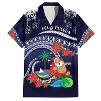 Felis Pusgua Guam Santa Family Matching Off The Shoulder Long Sleeve Dress and Hawaiian Shirt Merry Christmas with Polynesian Tribal LT9 Dad's Shirt - Short Sleeve Blue - Polynesian Pride