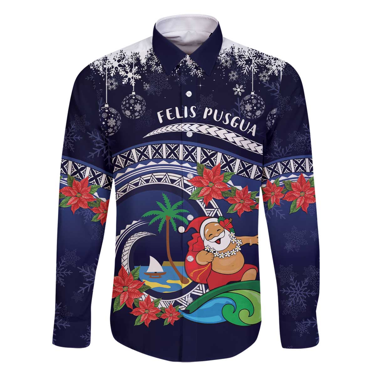 Felis Pusgua Guam Santa Family Matching Off The Shoulder Long Sleeve Dress and Hawaiian Shirt Merry Christmas with Polynesian Tribal LT9 Dad's Shirt - Long Sleeve Blue - Polynesian Pride