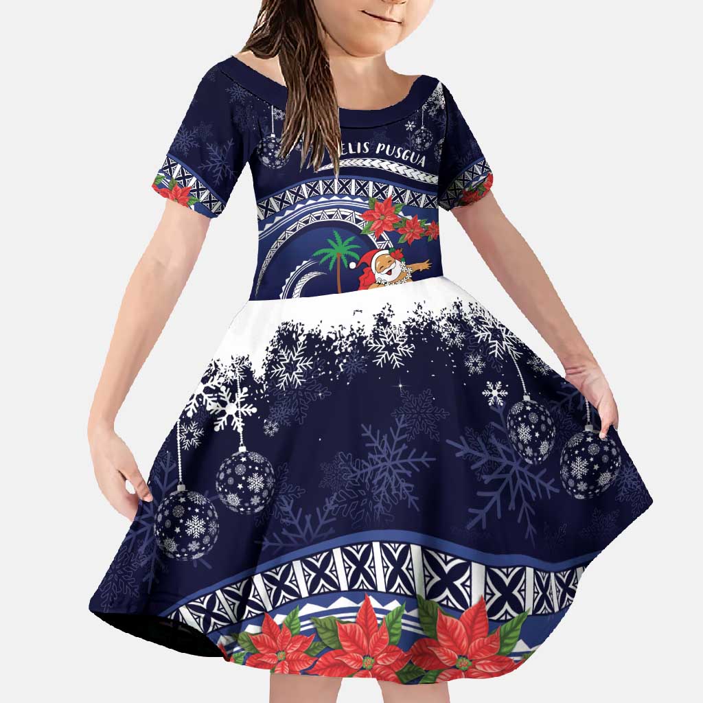 Felis Pusgua Guam Santa Family Matching Off Shoulder Maxi Dress and Hawaiian Shirt Merry Christmas with Polynesian Tribal LT9 Daughter's Dress Blue - Polynesian Pride