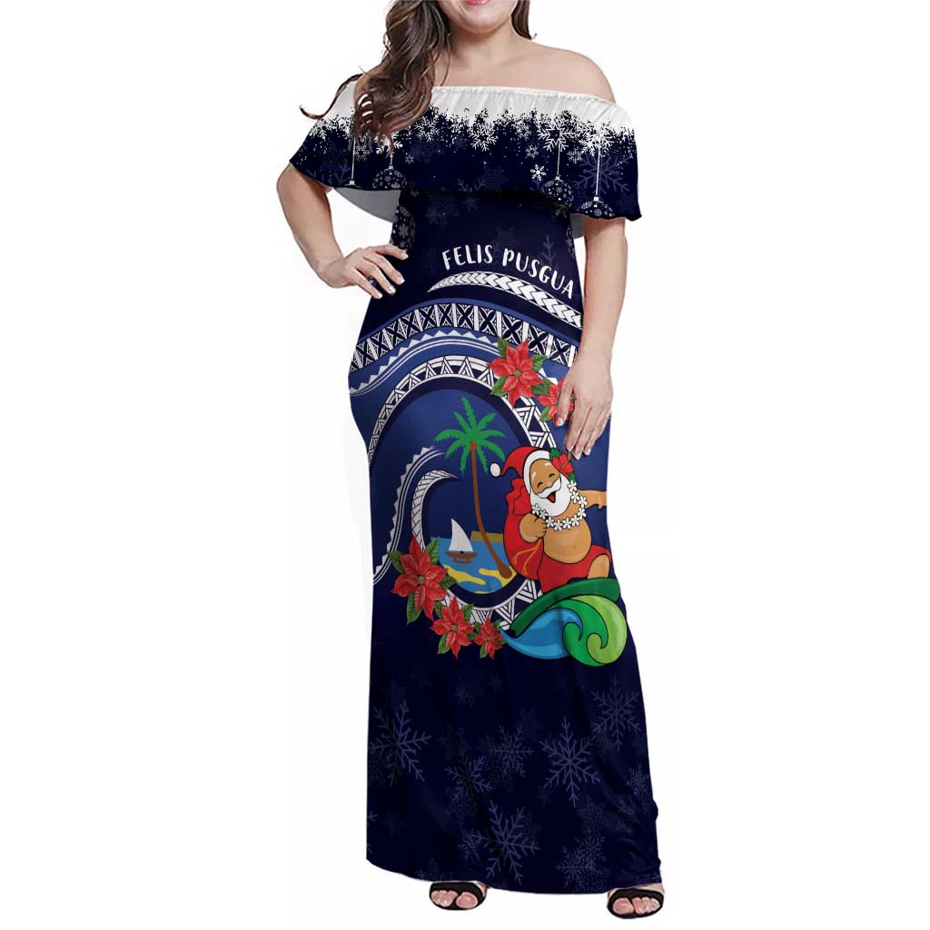 Felis Pusgua Guam Santa Family Matching Off Shoulder Maxi Dress and Hawaiian Shirt Merry Christmas with Polynesian Tribal LT9 Mom's Dress Blue - Polynesian Pride