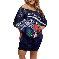 Felis Pusgua Guam Santa Family Matching Off Shoulder Short Dress and Hawaiian Shirt Merry Christmas with Polynesian Tribal LT9 Mom's Dress Blue - Polynesian Pride