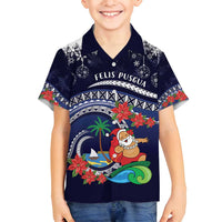 Felis Pusgua Guam Santa Family Matching Off Shoulder Short Dress and Hawaiian Shirt Merry Christmas with Polynesian Tribal LT9 Son's Shirt Blue - Polynesian Pride