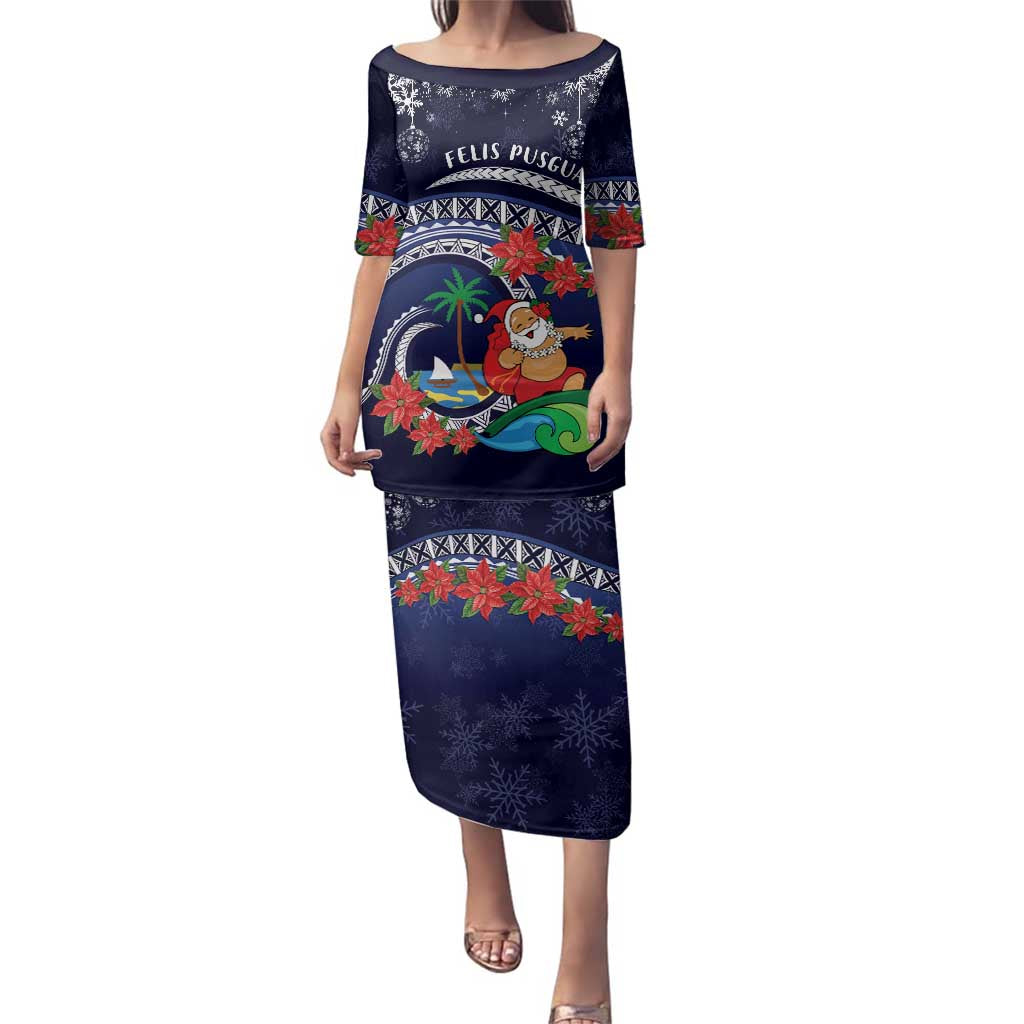 Felis Pusgua Guam Santa Family Matching Puletasi and Hawaiian Shirt Merry Christmas with Polynesian Tribal LT9 Mom's Dress Blue - Polynesian Pride