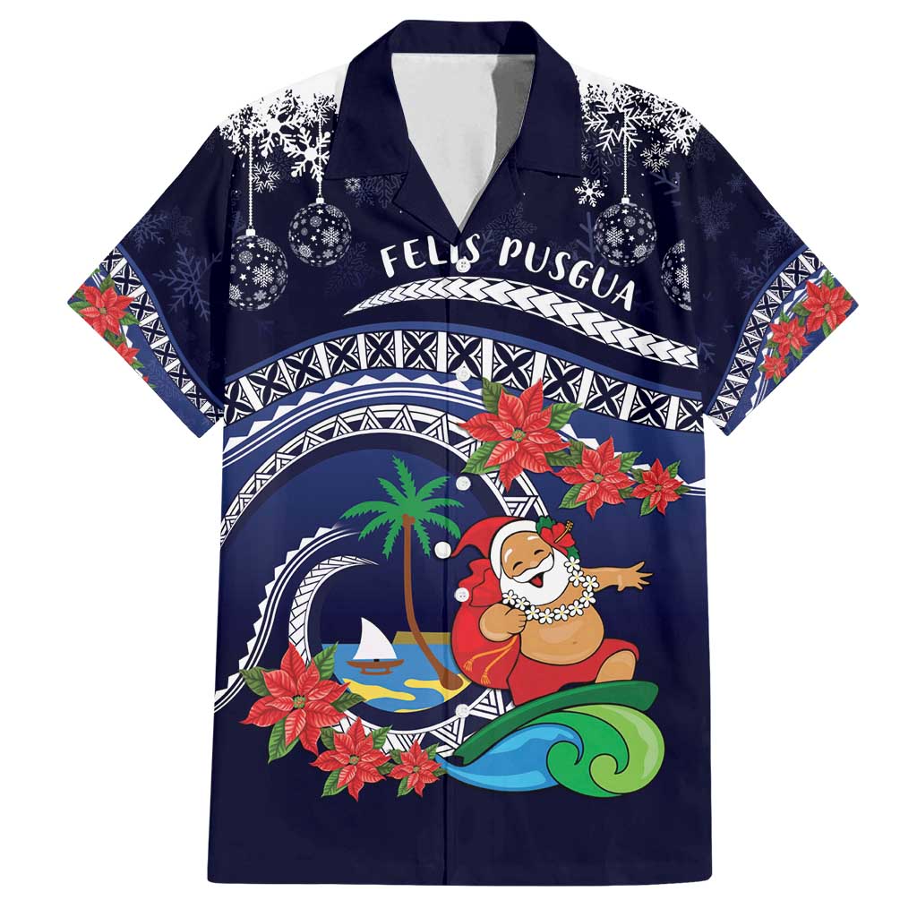 Felis Pusgua Guam Santa Family Matching Tank Maxi Dress and Hawaiian Shirt Merry Christmas with Polynesian Tribal LT9 Dad's Shirt - Short Sleeve Blue - Polynesian Pride