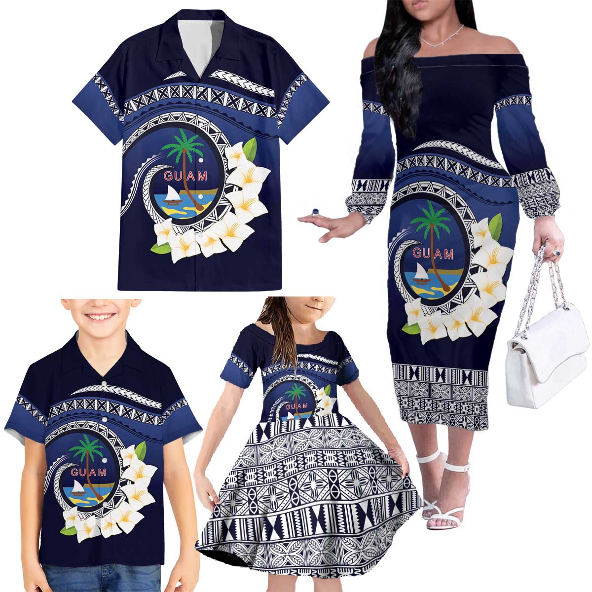 Hafai Adai Guam Guasalis Family Matching Off The Shoulder Long Sleeve Dress and Hawaiian Shirt Polynesian Tribal Pattern LT9 - Polynesian Pride