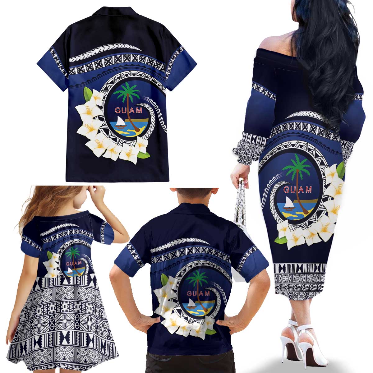 Hafai Adai Guam Guasalis Family Matching Off The Shoulder Long Sleeve Dress and Hawaiian Shirt Polynesian Tribal Pattern LT9 - Polynesian Pride