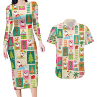 Mele Kalikimaka Hawaii Christmas Couples Matching Long Sleeve Bodycon Dress and Hawaiian Shirt Funny Santan Hippie Style LT9 Beige - Polynesian Pride