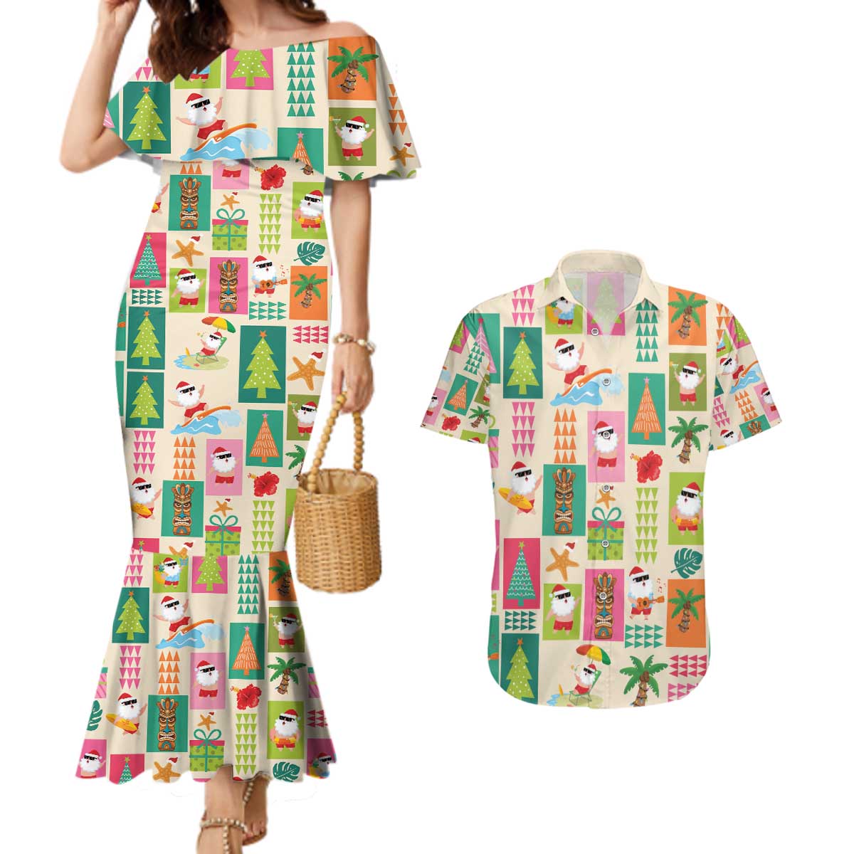 Mele Kalikimaka Hawaii Christmas Couples Matching Mermaid Dress and Hawaiian Shirt Funny Santan Hippie Style LT9 Beige - Polynesian Pride